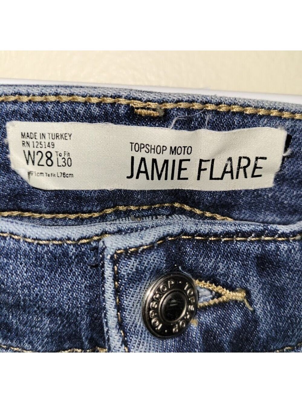 Topshop Moto Jamie Flare Blue Denim Stretch Jeans Women's Size W28 Actual W26 - Picture 10 of 14